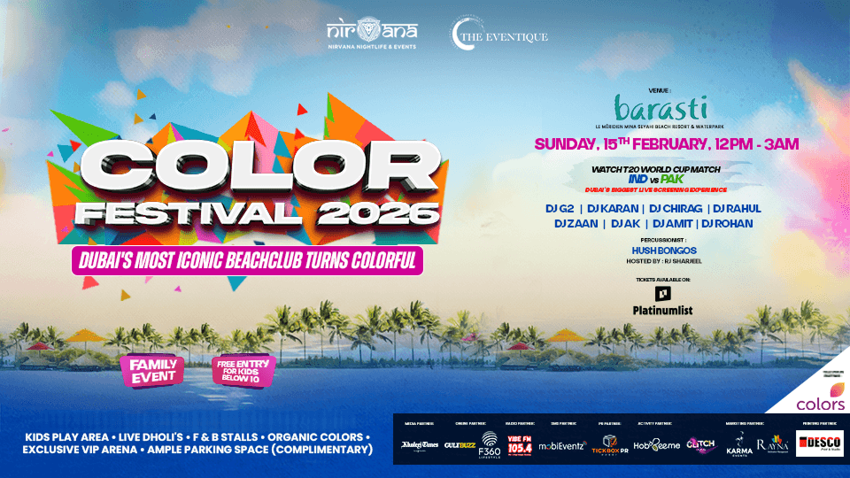 Color Festival 2026, Holi + IND vs PAK Live Screening at Barasti Beach
