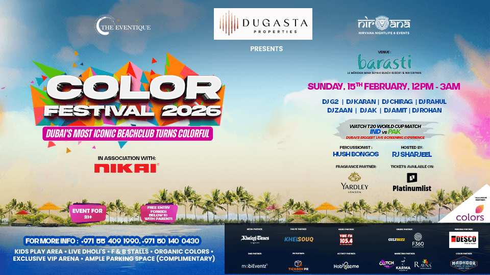 Duvai Color Color Festival 2026, Holi + IND vs PAK Screening at Barasti Beach in ...