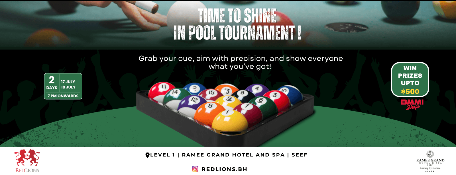 Ultimate Pool Tournament at Redlions Sports Bar - Ramee Grand Hotel