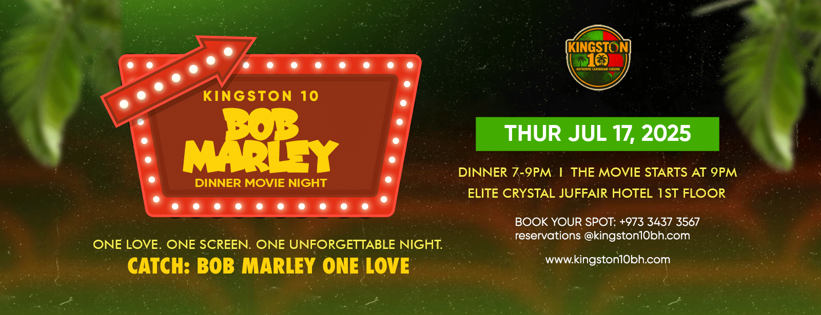 Bob Marley Dinner Movie Night at Kingston10